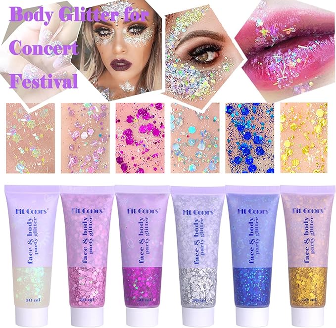 Body Glitter Face Glitter Gel: Singer Concerts Disco Festival Rave Accessories Face Glitter Makeup 150ml Chunky Sequins Mermaid Face Body Hair Glitter Gel (Green&White&Pink)