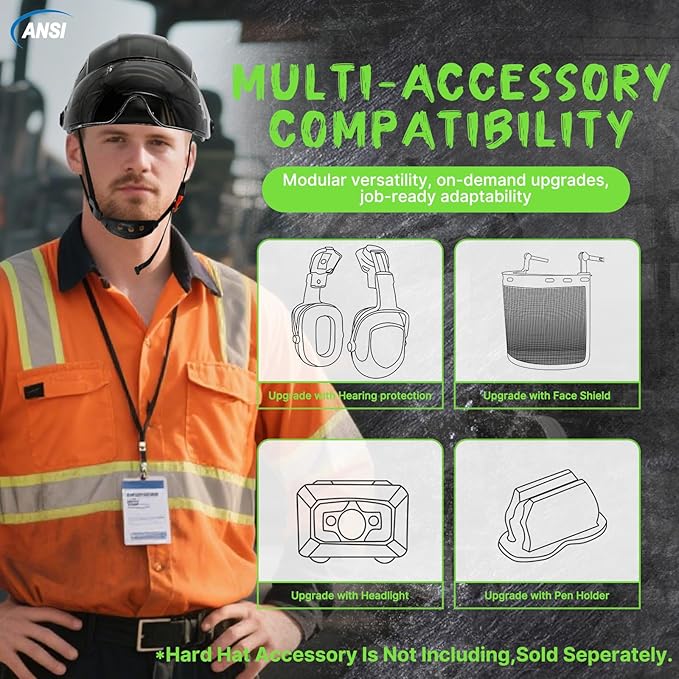 Aolamegs Construction Hard Hats for Adults - Hard Hats Construction OSHA Approved with Smoke Visor for Men Women, ANSI Z89.1 Vented Safety Helmet, Hard Hat with Chin Strap,6 Point Suspension （Black