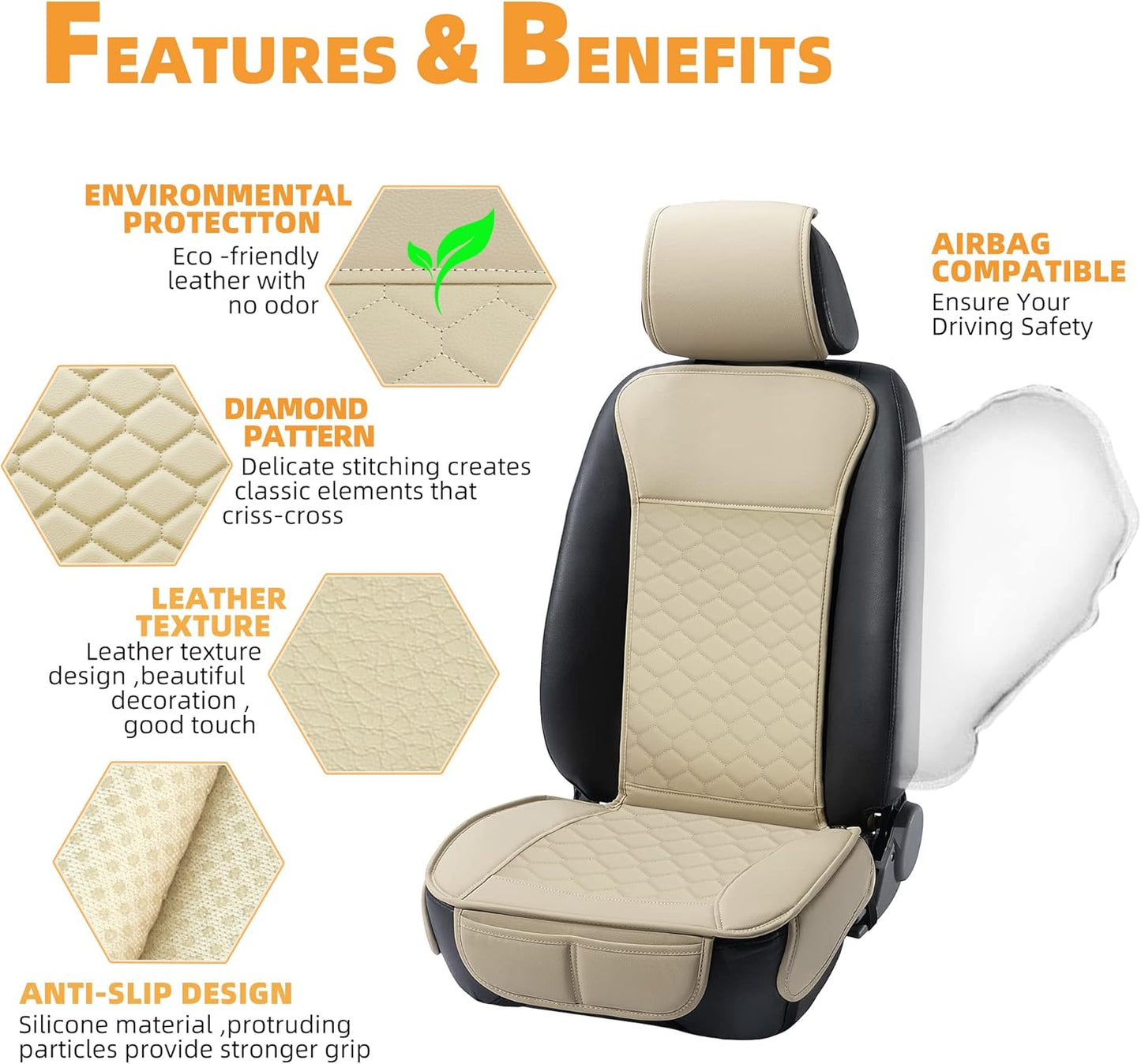 Elantrip Car Seat Cover Full Set Leather Car Seat Protector Universal fit for Most Cars SUVs and Trucks Water Proof Front and Rear Seat Protector Beige