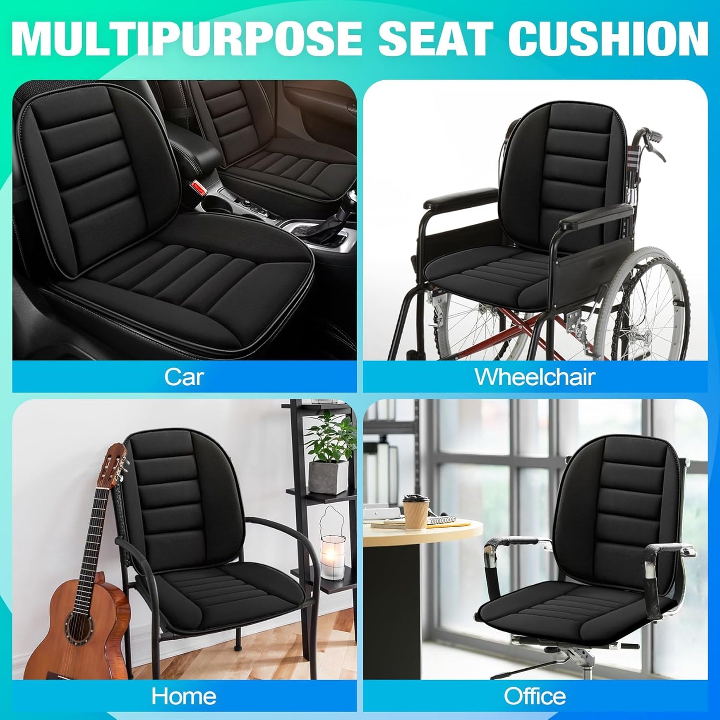 MYFAMIREA Car Seat Cushion and Lumbar Support Pillow 1.2'' Thick Memory Foam Desk Chair Cushion Back Support for Automotive Seat Driver, Travel, Leg and Back Pain Relief, Washable, Adjustable, Black