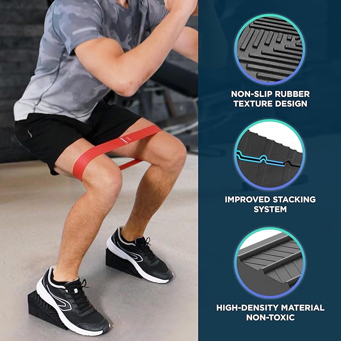 Adjustable Non-Slip Rubber Slant Board for Squats (4PC Squat Wedge Blocks) with 5 Resistance Bands – Heel Elevated Calf Stretcher & Calf Raise Block for Strength Training, Mobility & Balance