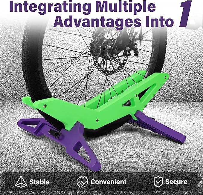 Adjustable Bike Parking Stand Fits 16-29 Inch Bicycles, Compatible with 23c-3.0 Tire Width – Heavy-Duty Plastic, Easy Installation, Stylish Two-Tone Design (Green&Purple(2 Pack))