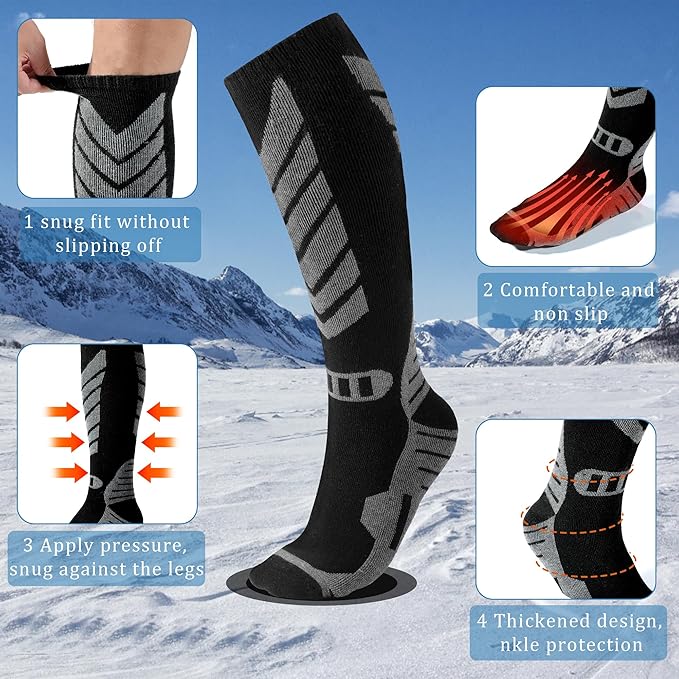 Merino Wool Ski Socks - 2 Pairs Knee High Skiing Socks, Winter Warm Snowboard Thermal Socks