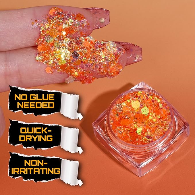 Teenitor Orange Glow in The Dark Glitter Gel, Orange Body Glitter Face Glitter for Halloween Makeup UV Black Light Festival Party Cheer Makeup