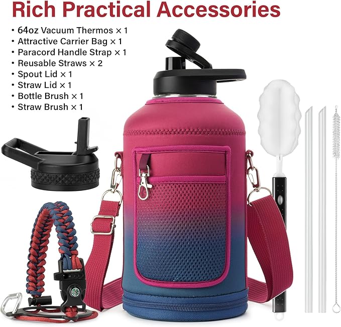 Insulated Water Bottle | Thickened Stainless Steel Vacuum Metal | Portable Sports Half Gallon Large Water Jug for Gym and Hiking with Straw, Carrier Bag, Handle Strap | BPA-Free 64 oz