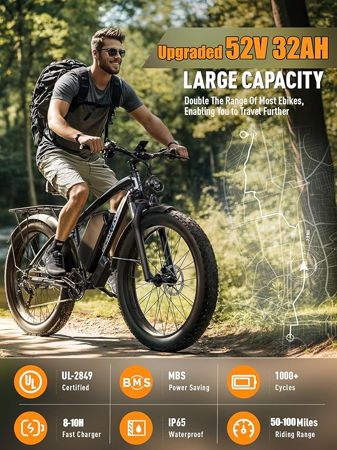 Ebike for Adults Electric, 52V 19.2Ah/32Ah, Peak 2000W/2500W E-Bike, 36/40MPH, 70 Miles/100Miles Long Range, Hydraulic Disc Brake, Off Road Snow Mountain E-Bike, 24"/26" Fat Tire Fast Electric Bicycle