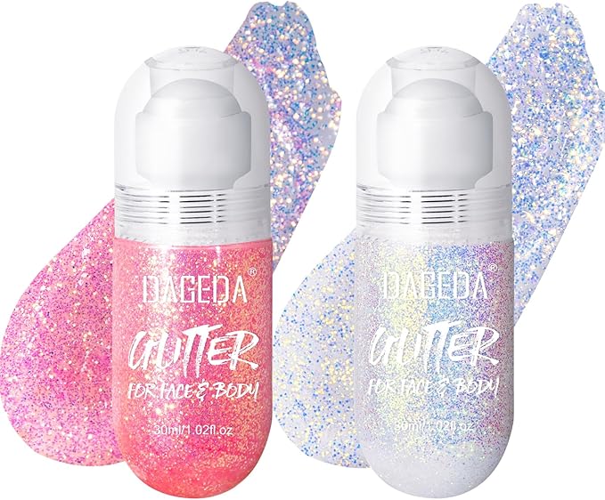 DAGEDA 2Colors Roll-on Body Glitter Gel for Body, Hair, Face, Holographic Glitter Makeup for Rave Accessories, Body Shimmer Hair Glitter Gel for Halloween Makeup(Pink + Ocean Glow)