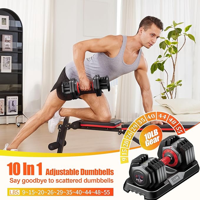 Adjustable Dumbbell Set 25/55/90LBS,10 in 1 Free Weights Dumbbell with Anti-Slip Texture Handle,1 Sec Speed Adjustment Men/Women Gym and Home Strength Training Equipment.