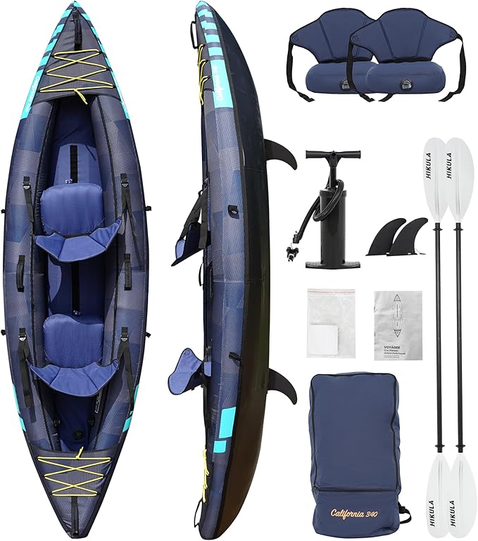Inflatable Kayak 2 Person, Tandem Kayak, Foldable Kayaks for Adults, with Kayak Fin, 2 Aluminum Paddles, 2 Padded Seats, Hand Pump and Travel Backpack