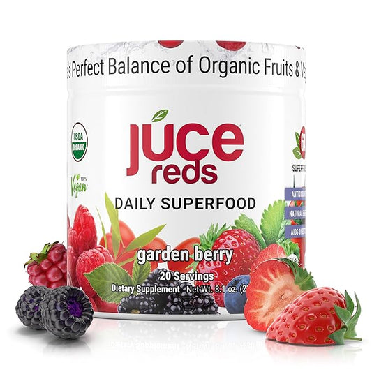 JUCE Reds Organic Superfood Powder - Garden Berry Flavor | Fruit & Veggie Powder for Everyone w/64 Immune Boosting Superfood Plus Probiotics for Gut Health | 20 Servings (230g)