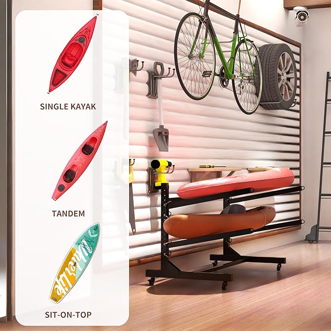 Kayak Storage Rack, Heavy Duty Kayak Stand Canoe Rack with Wheels, Freestanding Kayak Holder Stand for Kayaks, Canoes, Surfboard, Paddleboard Storage