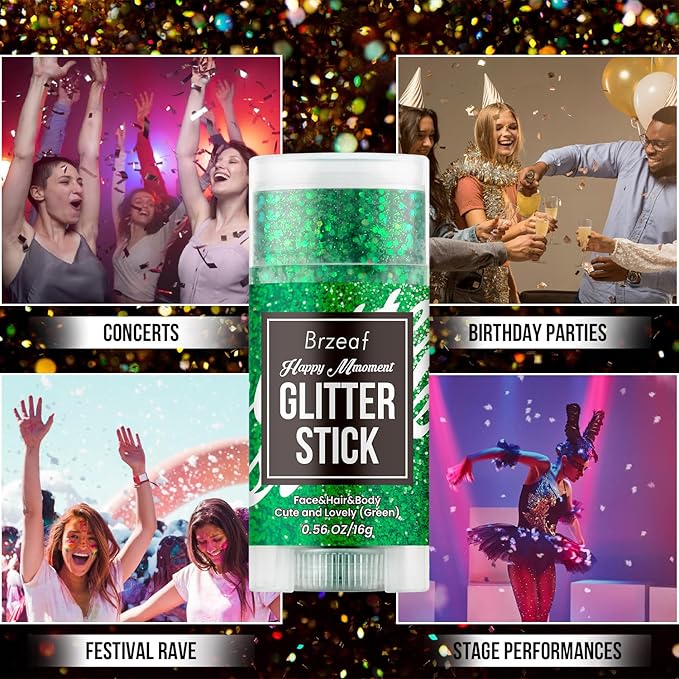 Brzeaf Waterproof Green Body Glitter Stick, Chunky Glitter for Face/Body/Hair/Eyes/Lip, Singer Concert Music Halloween Rave Festival, Glitter Stick Makeup & Face Glitter Gel for Women Men 0.56 OZ