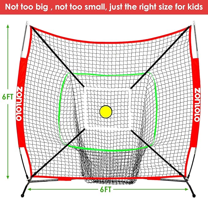6x6ft Portable Baseball & Softball Net for Hitting and Pitching, with Sturdy Bow Frame and Carry Bag, Special Circular Target and Strike Zone for Accurate Throwing Practice, Great for Kids