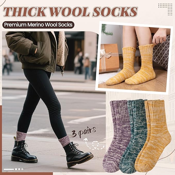 Merino Wool Boot Socks Thermal Winter Ski Thick Warm Hiking Socks for Women Men 3 Pairs