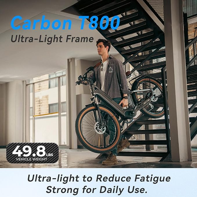 Carbon Fiber Electric Bike for Adults, Peak 1000W Motor 25MPH Ebike with 48V 19.2AH Removable Dual Batteries, 128 Miles Range, 26'' Big Tires, 7-Speed, Electric Bicycle for Men/Women