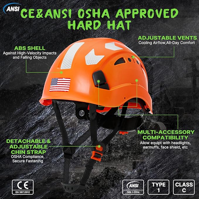 AOLAMEGS Construction Safety Hard Hat - ANSI Z89.1 Type Ι OSHA Approved Safety Helmets with Chin Straps Lightweight Reflective Vented ABS Hard Hats For Men Women Industrial Workwear 6-point Suspension