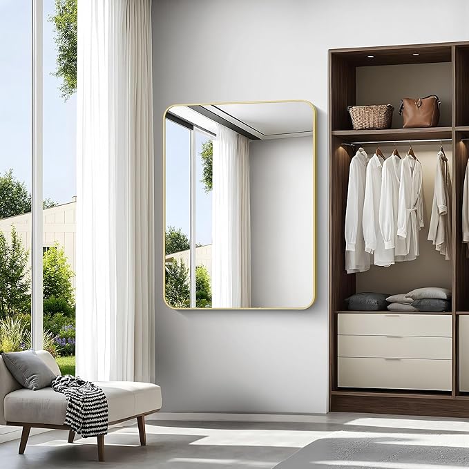 Gold Bathroom Mirror,36x48 inch Wall Mirror for Bathroom Wall Mounted,Round Rectangle Mirror for Bathroom Over Sink,Modern Frame for Home Decor Living Room,Bedroom Entryway,Horizontal/Vertical