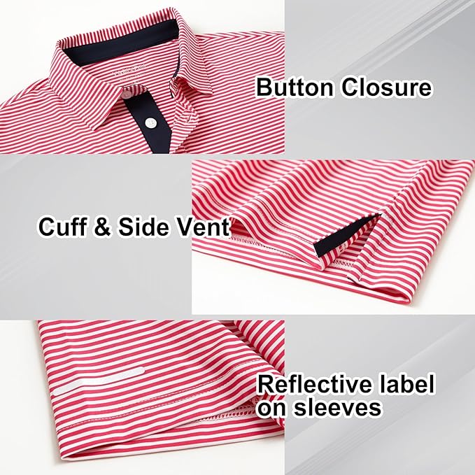 Golf Shirts for Men - Moisture Wicking Short Sleeve Performance Sport Casual Striped Collared Mens Polo Shirt