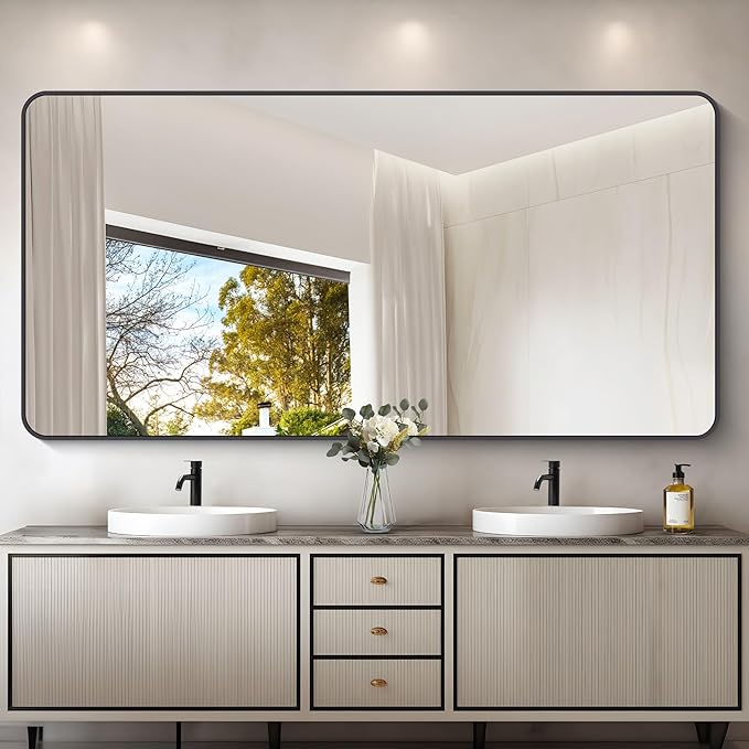 72" x 36"Bathroom Mirror, Matte Black Wall Mirror with Metal Frame, Decorative Rectangular Vanity Mirror for Bedroom Bathroom Living Room Entryway (Horizontal/Vertical)