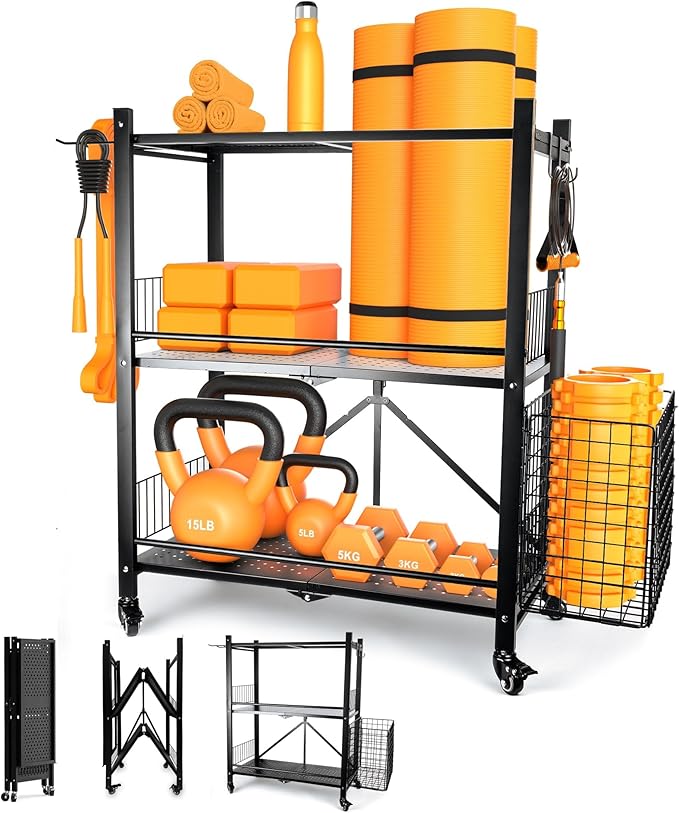 London & Byrd - No Assembly - Home Gym Storage Rack. Steel Construction, Heavy Duty Wheels, with Basket and Hooks. Great for Home Gym Equipment, Yoga mats, Kettlebells, and Small Dumbbell Storage.