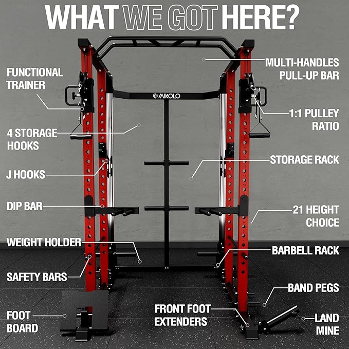 Mikolo Power Cage, Power Rack with Cable Crossover and Dual Independent Pulley System, 2200 Pounds Capacity Workout Cage with More Training Attachments, Squat Rack for Home Gym, PC07 Versions