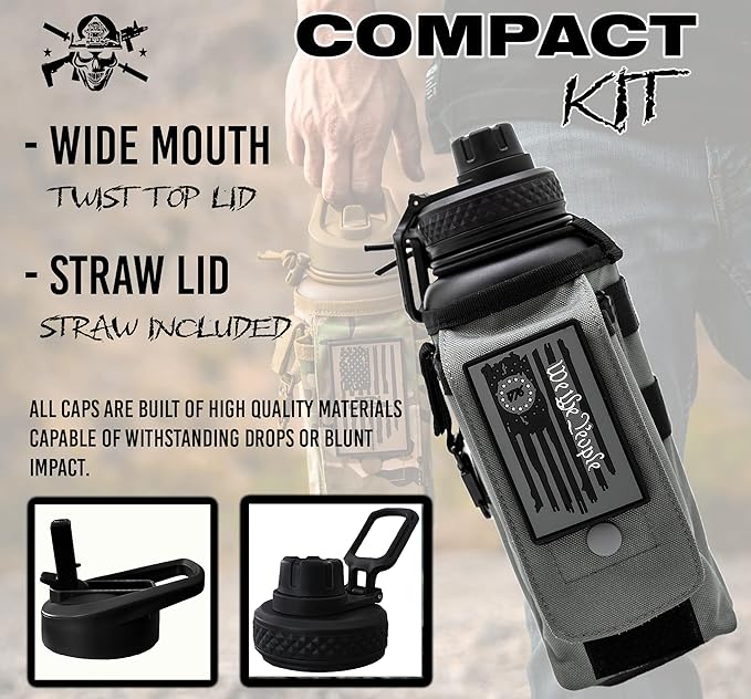 Iron Infidel Battle Bottle - 32 Oz Insulated Water Bottle with Straw Lid & Chug Cap, Stainless Steel Metal Tactical Flask with Rugged, Removable Sleeve for Keys & Phone or Wallet (Betsy Ross 1 Liter)