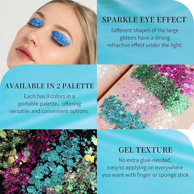FANDAMEI 18-Color Face Glitter, Body Glitter Hair Glitter for Glitter Makeup, 2 PCS Glitter Gel 6 Color Themes, Chunky Glitter for Kids Women, Halloween Rave Concert Face Paint