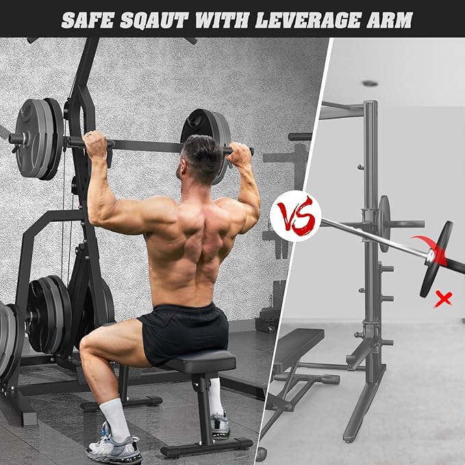 DONOW Leverage Gym Power Rack Squat Rack Lever Gym with LAT Low Row System Home Gym System Workout Station 2:1 Ratio (Without Weight Plates)