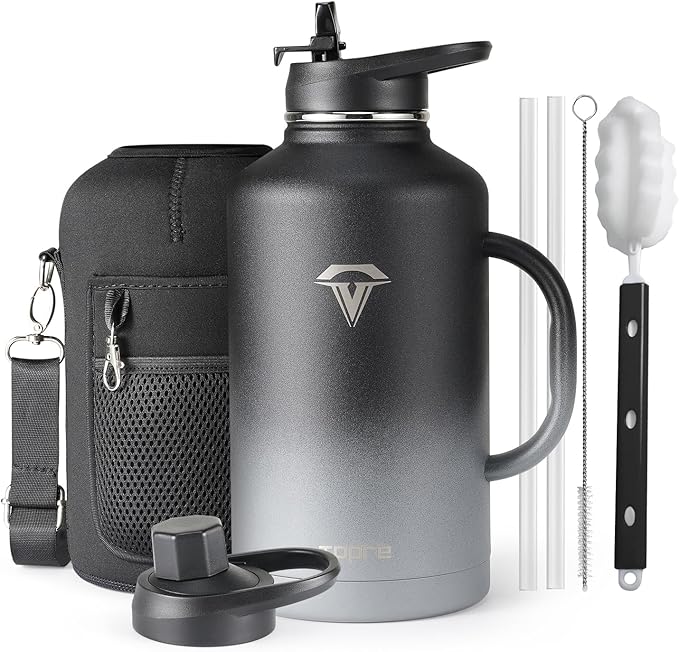 64 oz Insulated Water Bottle with Straw and Lid, Half Gallon Stainless Steel Cup with Handle,Leakproof Metal Travel Jug Flask Mug Tumbler Cup With Carry Pouch and Brush,Keep Cold & Hot,Grey