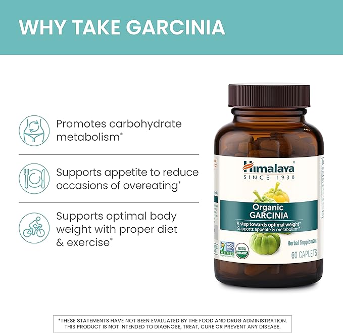 Himalaya Organic Garcinia Cambogia Herbal Supplement, Appetite Support, Lipid Metabolism, Weight Support, USDA Organic, Non-GMO, Vegan, 600 mg, 60 Plant-Based Caplets, 30 Day Supply