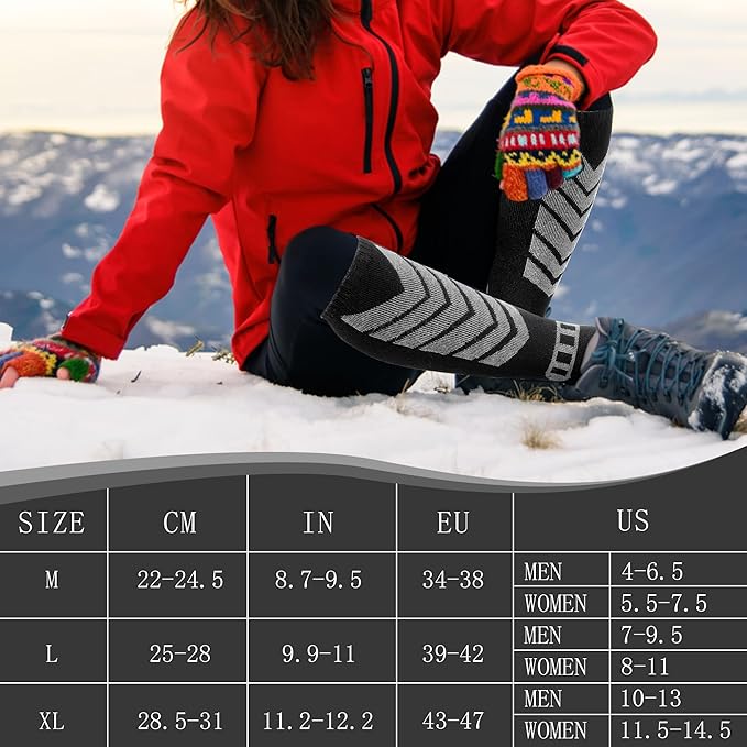 Merino Wool Ski Socks - 2 Pairs Knee High Skiing Socks, Winter Warm Snowboard Thermal Socks