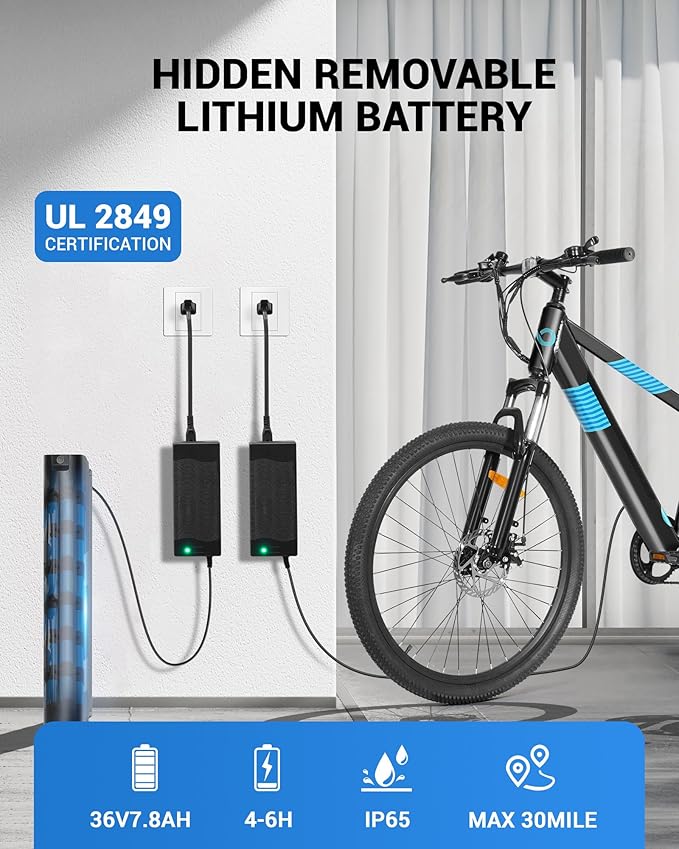 Electric Bike for Adults,36V Built-in Invisible Removable Battery,350W Brushless Motor(Peak 450W) Electric Mountain Bike,26" Tires&Front Fork Suspension,UL Certified 7-Speed