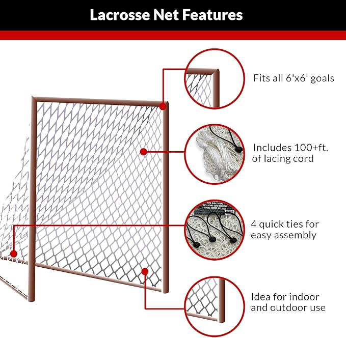 Velocity Heavy Duty Black & White Lacrosse Net - Fits 6’x6’x7’ Goals - Weatherproof, UV Resistant 1000D High-Strength Polyester - Comes with 100+ Feet of Lacing Cord and 4 Quick Ties