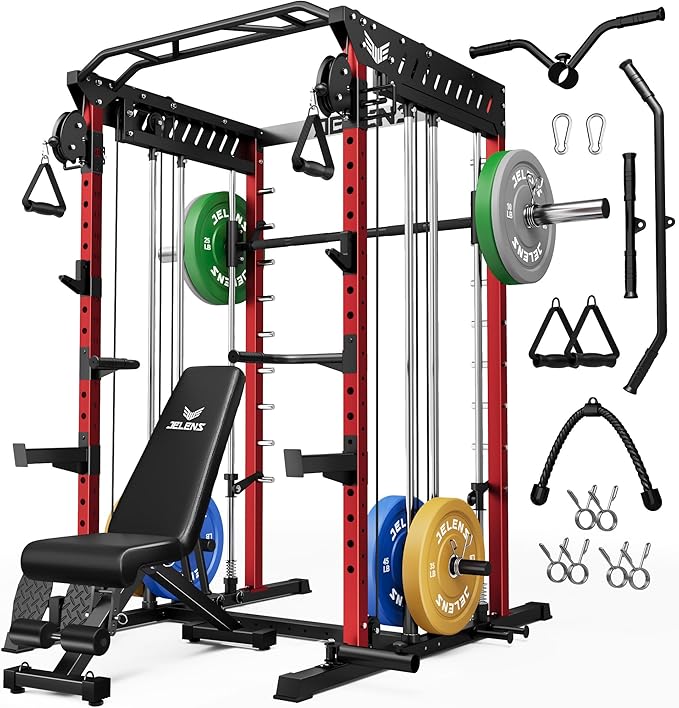 M21 Smith Machine, Multi-Function Power Cage with Dual Pulley Cable Crossover System, 2000LBS All-in-One Squat Rack with Smith Bar and Attachments