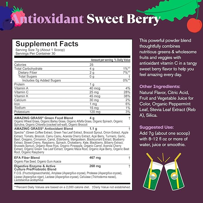 Amazing Grass Greens Blend Antioxidant: Super Greens Powder Smoothie Mix with Organic Spirulina, Beet Root Powder, Elderberry, Bilberry, Prebioitics & Probiotics, Sweet Berry, 30 Servings (Packaging May Vary)
