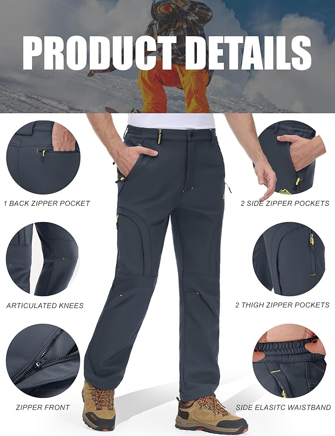 MAGCOMSEN Snow Pants for Men Water Resistant Fleece Lined 5 Zipper Pockets Winter Snowboard Hiking Insulated Ski Pants