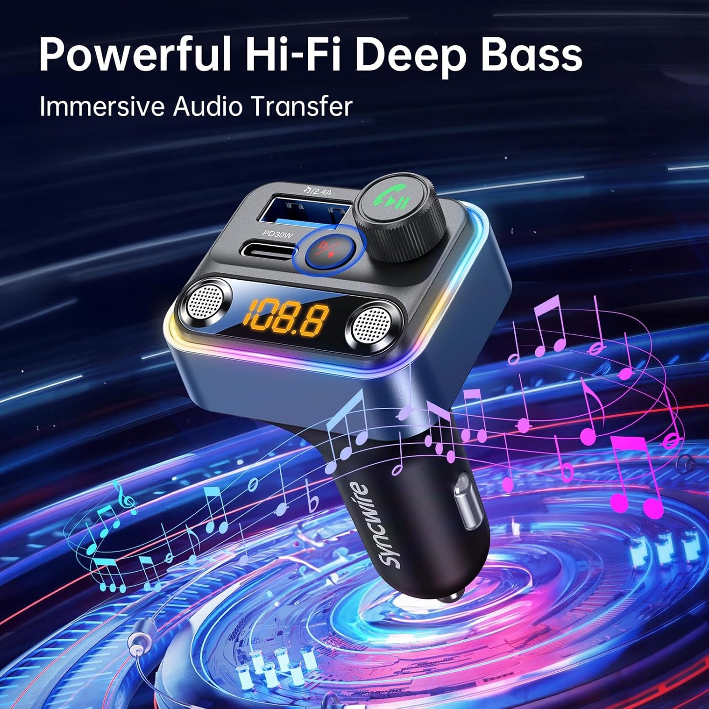 Syncwire Bluetooth 5.4 FM Transmitter Car Adapter 42W [Light Switch] [Stronger Dual Mics] [HiFi Bass Sound] [Fast Charging] Wireless FM Radio Music Adapter Hands-Free Calling Support USB Drive, Blue