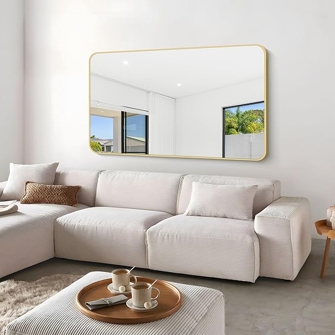 Gold Bathroom Mirror,60x36 inch Wall Mirror for Bathroom Wall Mounted,Round Rectangle Mirror for Bathroom Over Sink,Modern Frame for Home Decor Living Room,Bedroom Entryway,Horizontal/Vertical