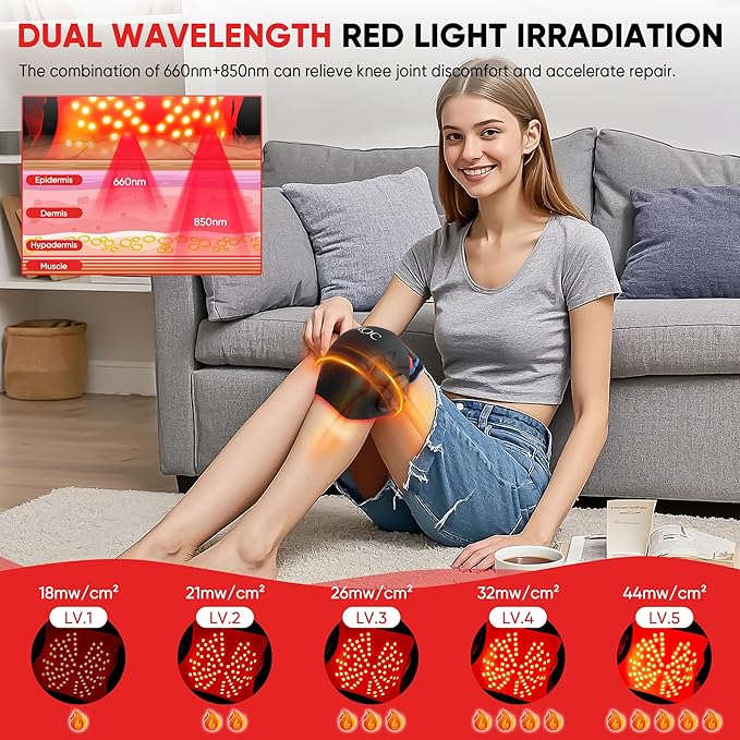 Red Light Therapy for Knee Pain Relief,Vibration Knee Massager with 660nm&850nm,3 in 1 Heated Knee Brace for Knee/Joint/Elbow/Shoulder,Rechargeable Near Infrared Light Therapy Device
