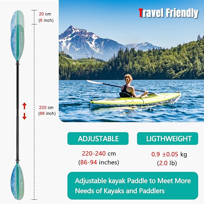 Kayak Paddle Premium Carbon Fiber Paddle with Reinforced PP + Fiberglass Blade, Floating Adjustable Kayaking Oars, 3 Piece, 220-240 cm/86-94 Inches, 240-260 cm/94-102 Inches