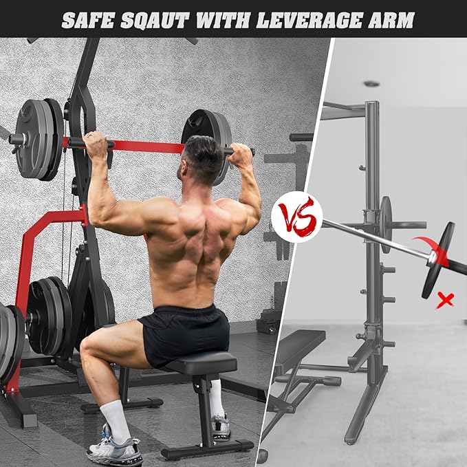 DONOW Leverage Gym Power Rack Squat Rack Lever Gym with LAT Low Row System Home Gym System Workout Station 2:1 Ratio (Without Weight Plates)
