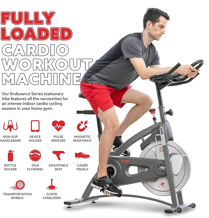 Sunny Health & Fitness Indoor Cycling Exercise Bike w/Pulse Sensors & 4-Way Adjustable Seat, Stationary Home Cardio Training Machine w/Micro-Adjustable Magnetic Resistance for Intensive Cardio Session