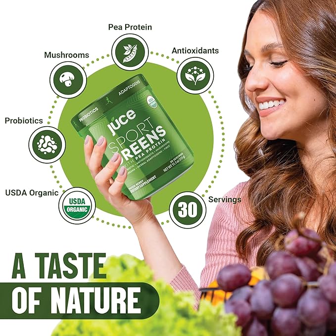 Juce SG7 Sport Greens Powder Supplement | Organic Plant Based Protein | Green Juice Powder | Probiotics | Mushrooms | Mixed Berry Flavor | 30 Servings | By Terra Kai Organics