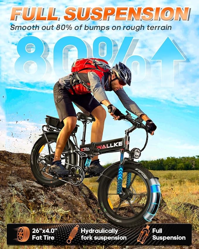 W Wallke 2025 X3 ProMax MAX Folding Dual Motor Electric Bike, 48V 44Ah/22Ah Long Range Adults Ebike, 26" Fat Tire All Terrian Full Suspension 31-34 MPH Fast E-Bike, 7-Speed Mountain e Bicycle, UL2849