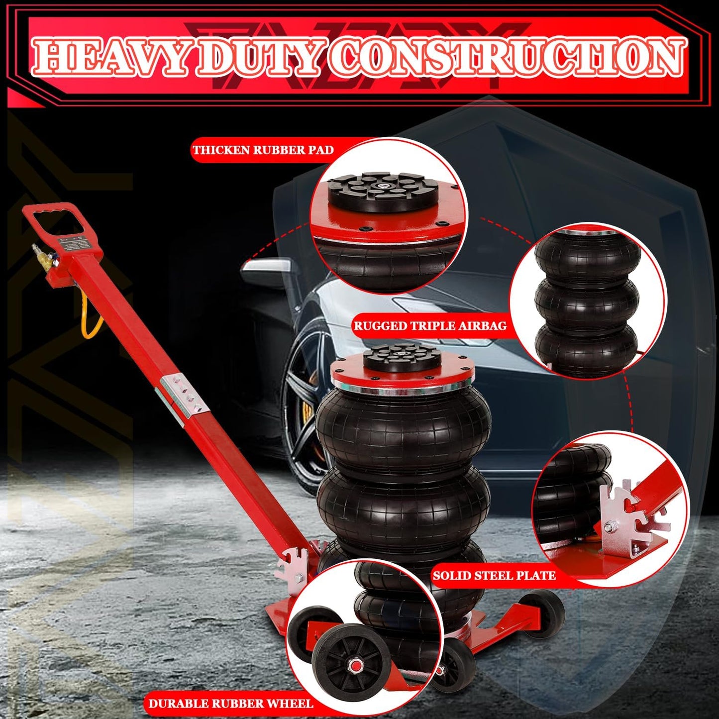 3T Triple Bag Air Jack 6600lbs Pneumatic Jack 3s Fast Lift Up 16in Airbag Jack with Adjustable Long Handle Heavy Duty Triple Air Bag Jack Lift for Cars Garage (Red)