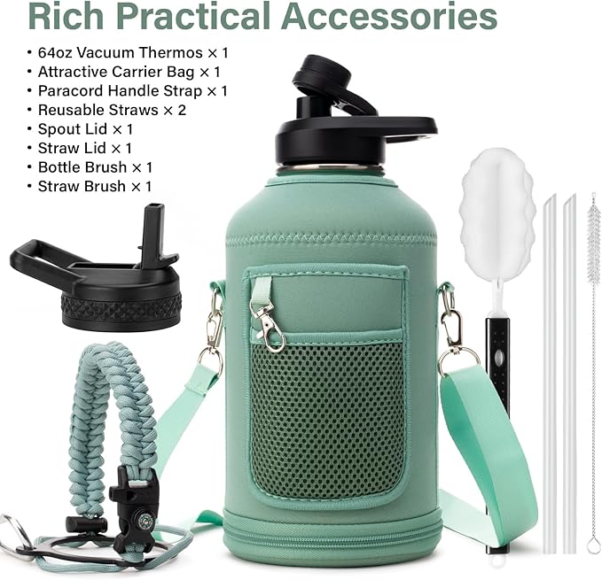 Insulated Water Bottle | Thickened Stainless Steel Vacuum Metal | Portable Sports Half Gallon Large Water Jug for Gym and Hiking with Straw, Carrier Bag, Handle Strap | BPA-Free 64 oz