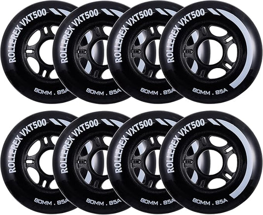 Rollerex VXT500 Inline Skate Wheels (8-Pack) (Various Size & Color Options Available) -Indoor Outdoor- Intended for Roller Blade Wheel Replacement
