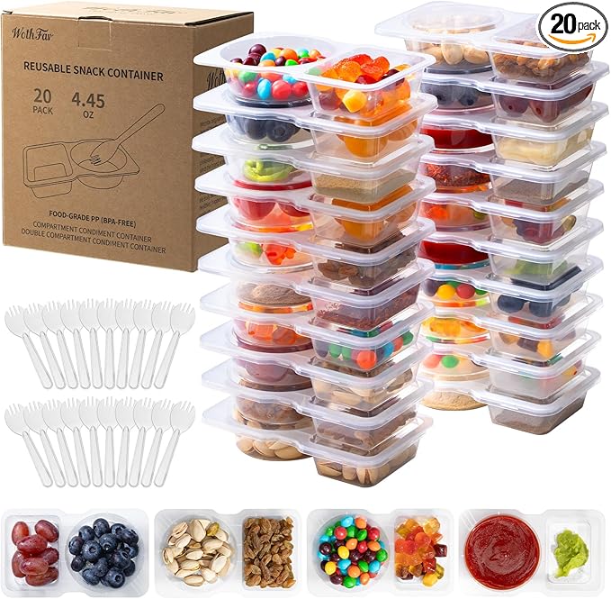 20 Sets Reusable Snack Containers with Lids & 20 Sporks – Double Compartment for Portion Control, BPA-Free Leak-Proof Dipping Containers for Meal Prep, Travel, and Outdoor Snacks (Clear)