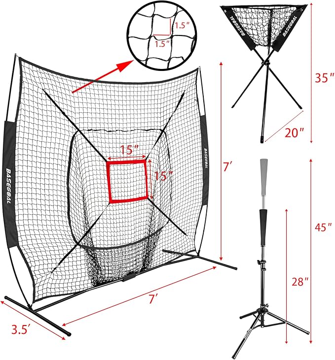 7'×7' Baseball Softball Practice Net,Baseball Backstop,with Batting Tee,Ball Caddy,for Hitting Pitching Batting Catching with Bow Frame,Bonus Strike Zone,Portable and Foldable