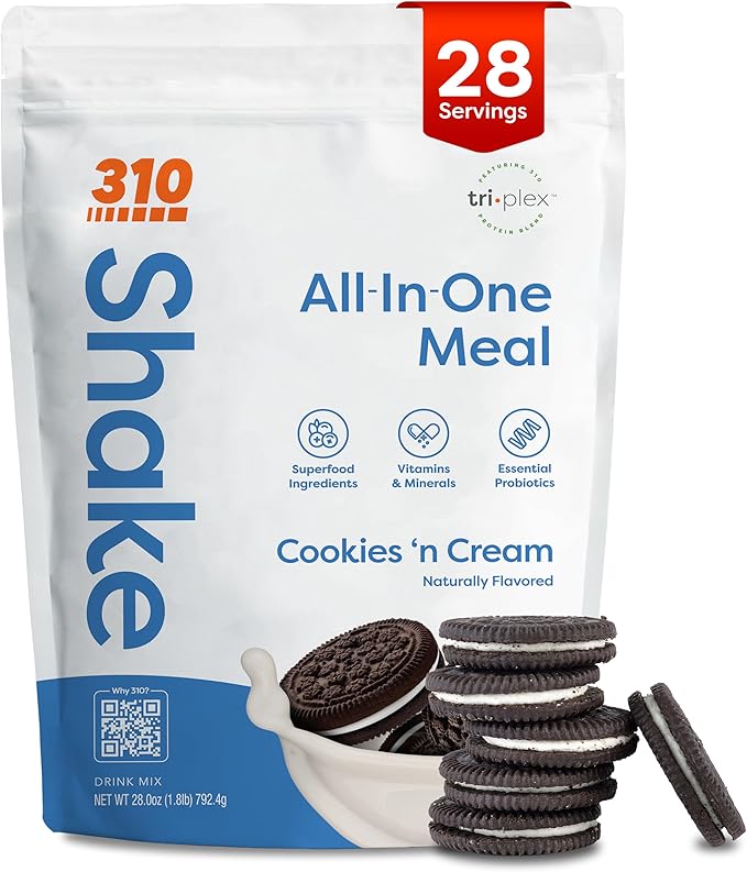 310 Nutrition All-In-One Meal Replacement Shake Powder - Plant-Based Protein Smoothie Blend w/High Fiber, Probiotics & Adaptogens - Low Carb, Vegan, Keto & Paleo Friendly - Cookies N Cream - 28 Srv